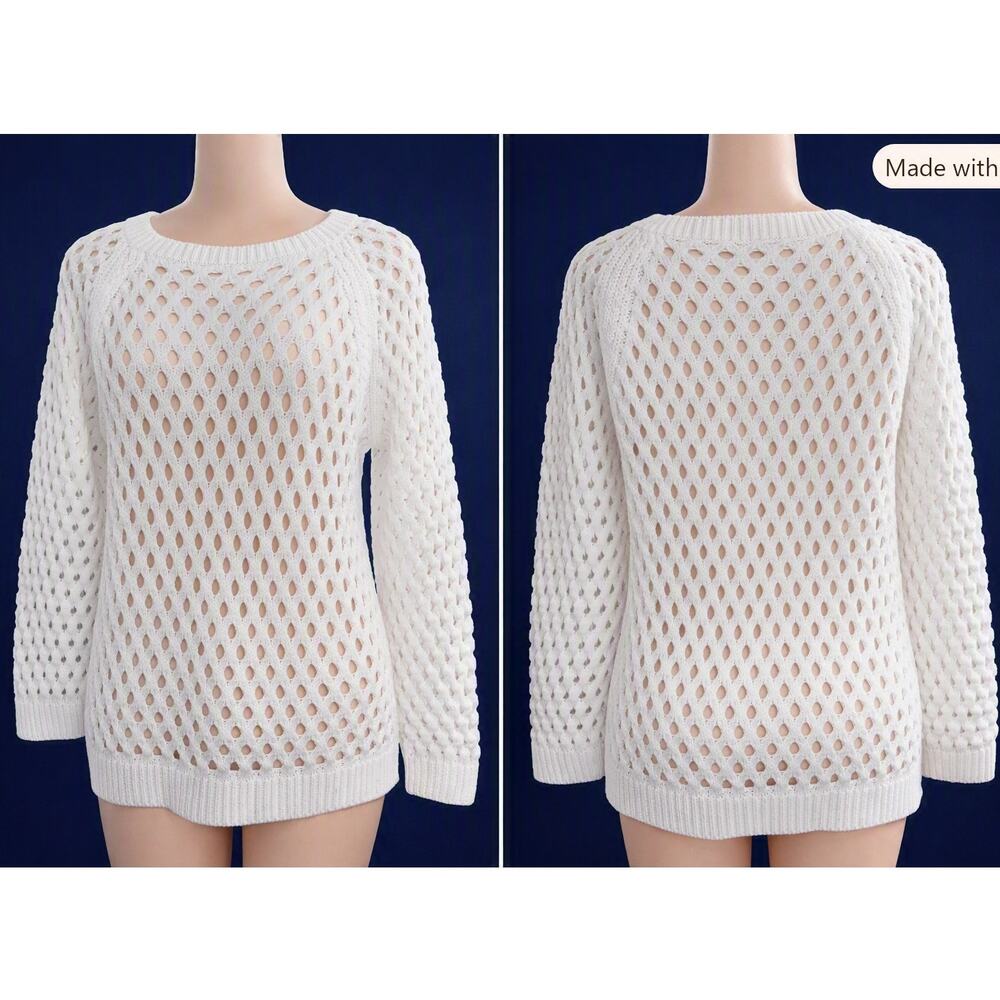 Talbots Crochet Crewneck Sweater White Cotton 3/4 Kimono Sleeve Coastal Preppy